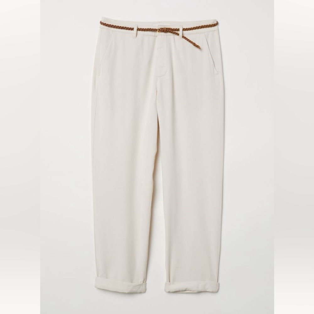 NWOT H&M Loose Straight Fit summer Beige Pants with braided brown belt